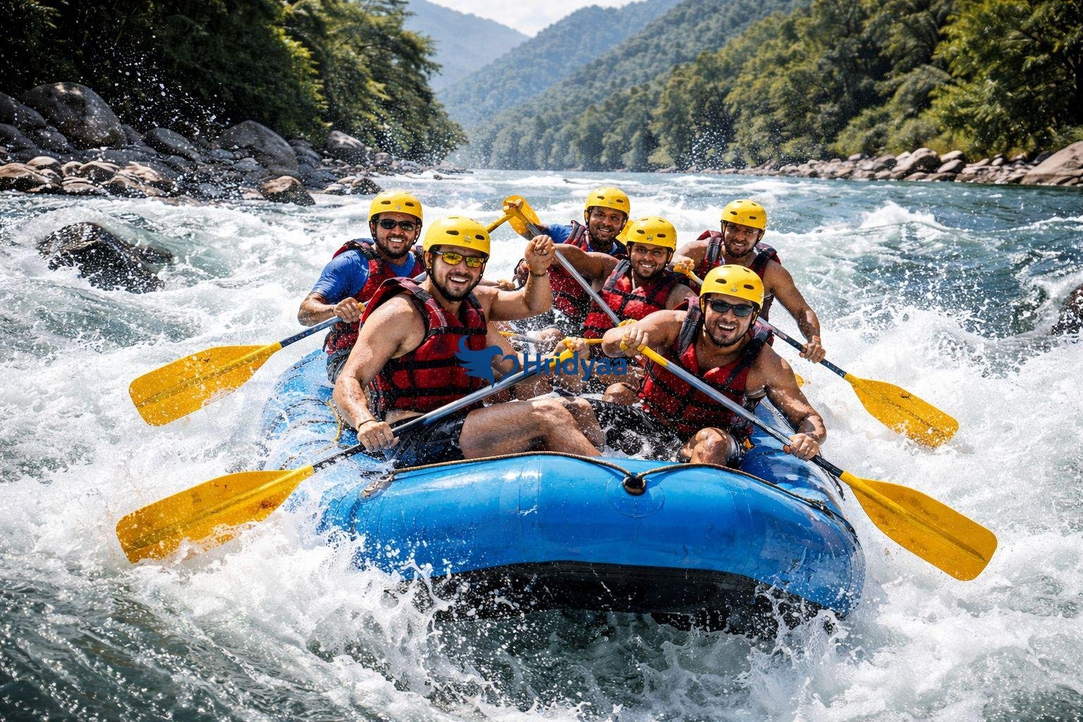 River rafting in Rishikesh on the Ganga hitting a strong rapid with Himalayan backdrop