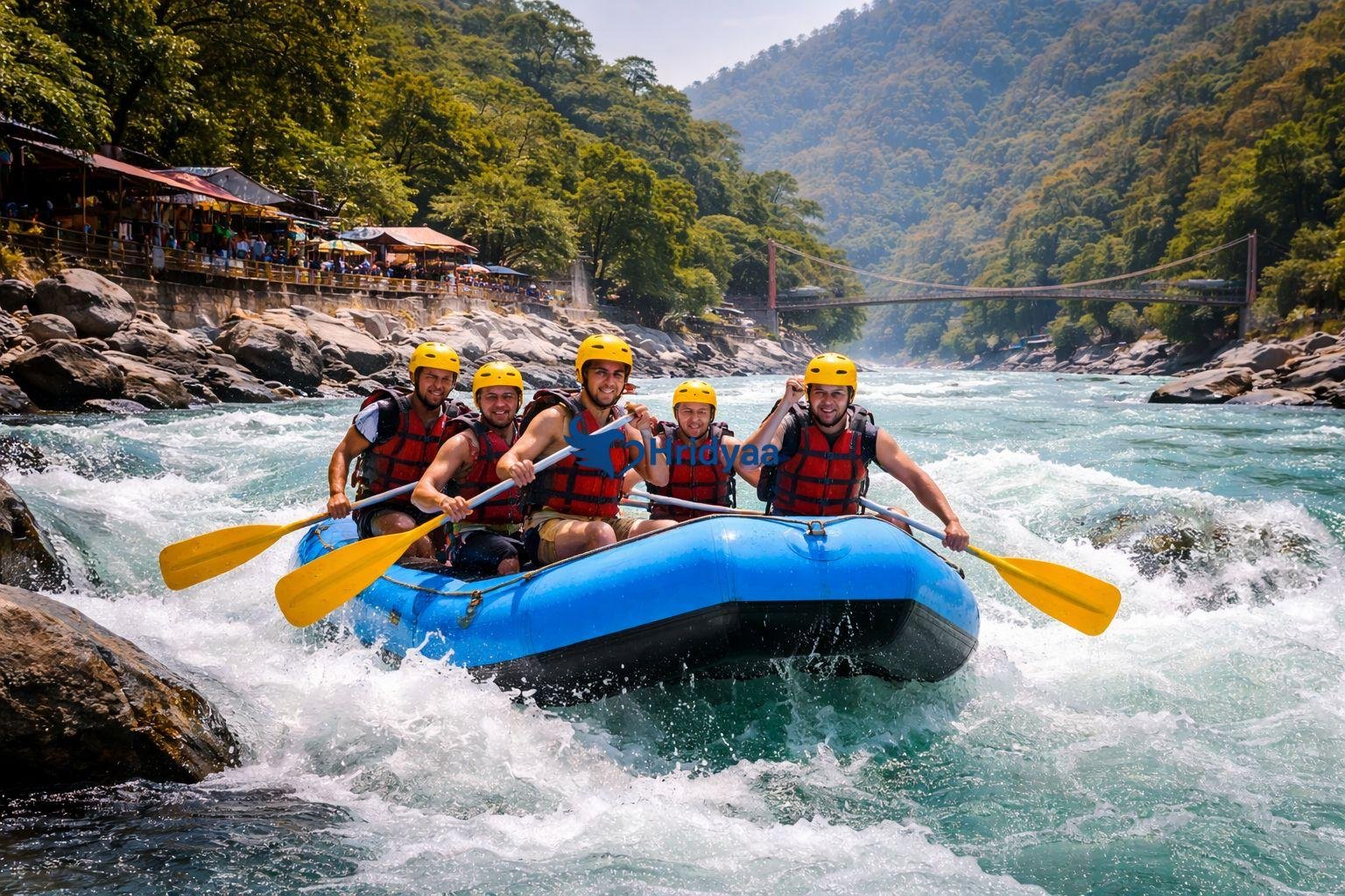 Group river rafting adventure in Rishikesh with travelers navigating rapids on the Ganga near Shivpuri