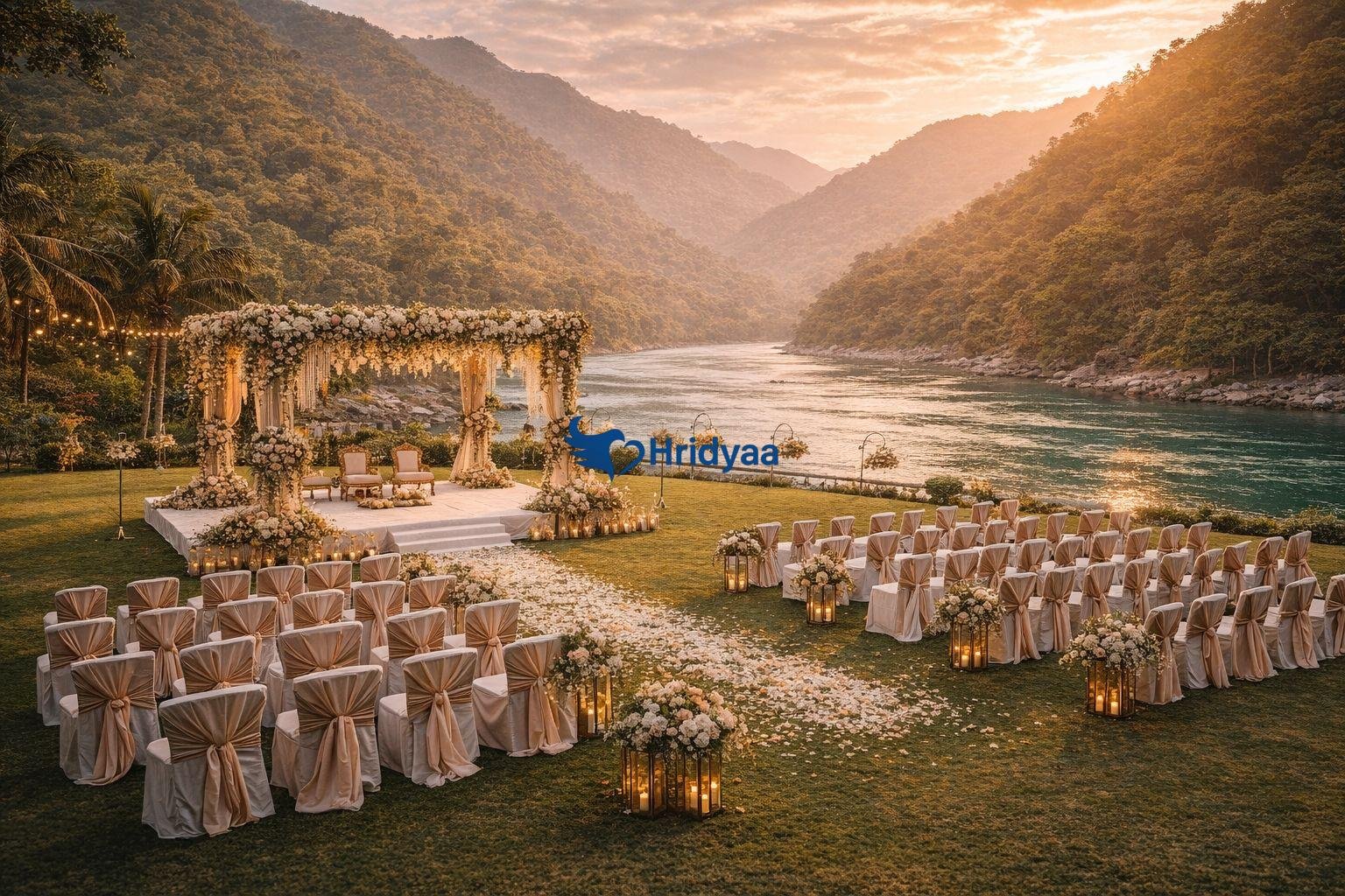 Riverfront luxury resort lawn setup in Rishikesh near the Ganga