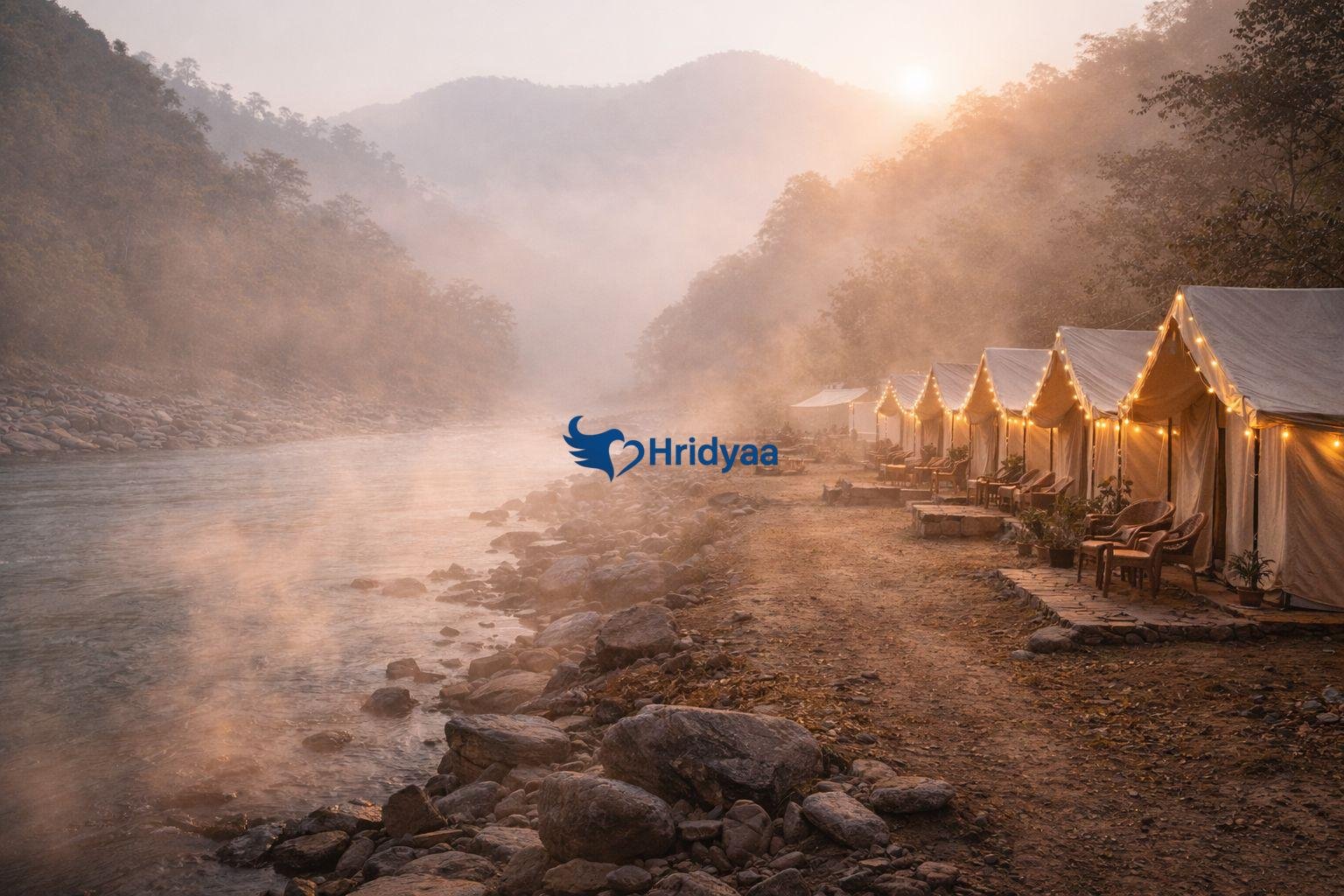 Riverside camping in Rishikesh in December with misty sunrise