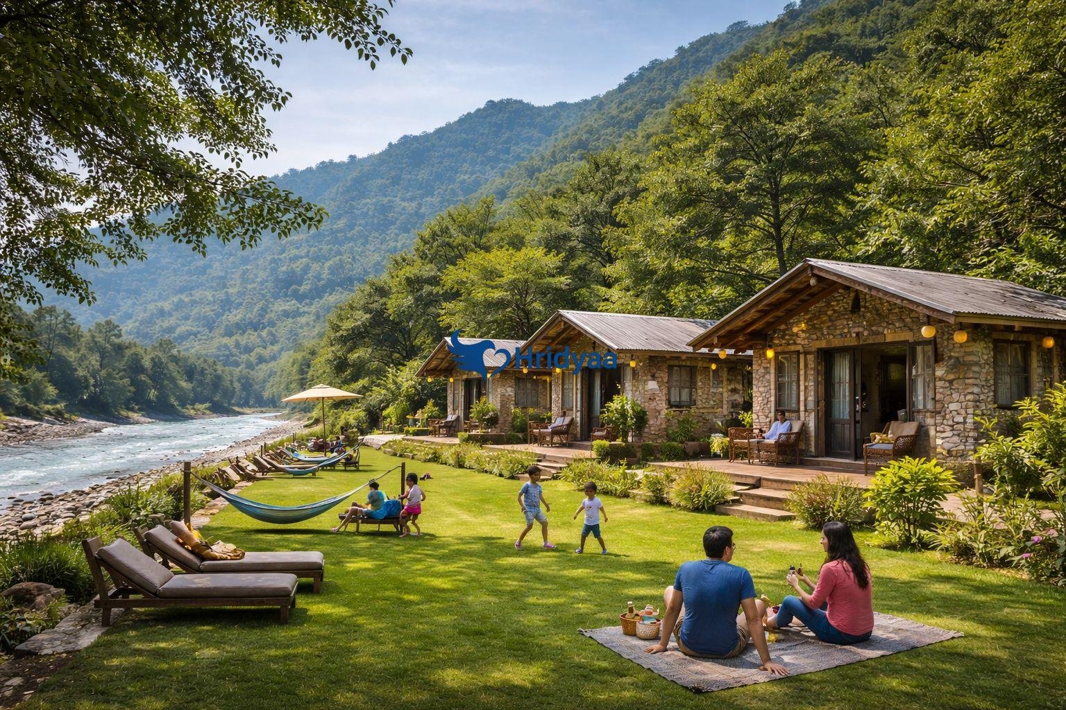 Riverside AC cottages in Rishikesh for 1 night family stay