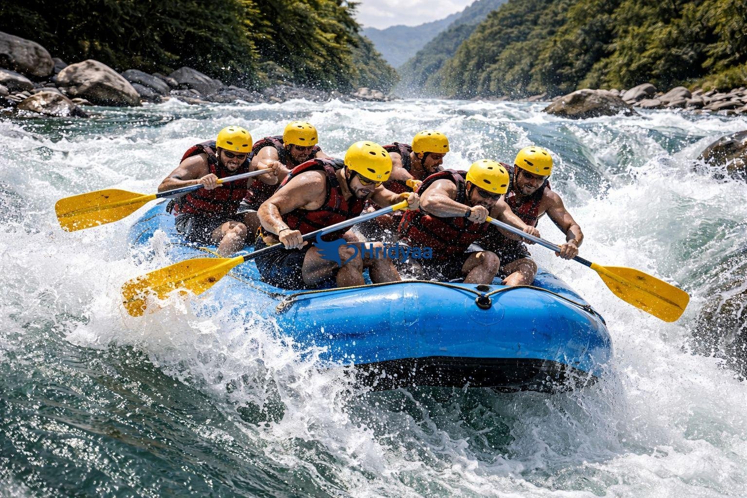 Raft passing through Roller Coaster rapid in Rishikesh