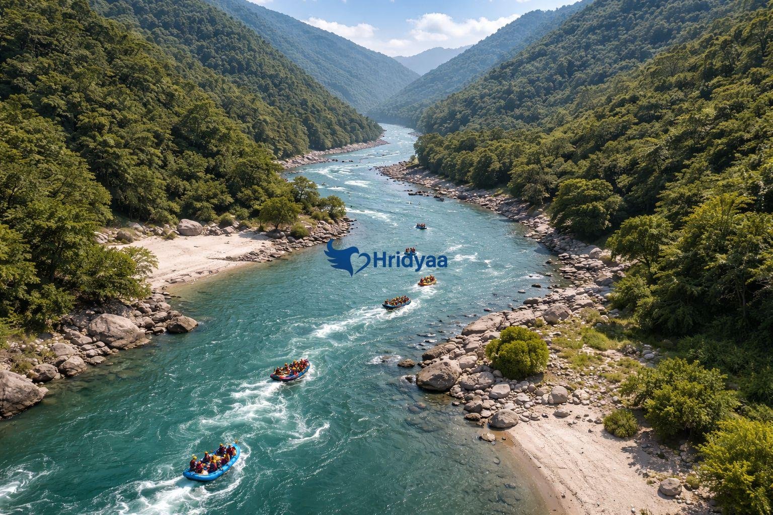 Aerial view of Shivpuri to Rishikesh rafting stretch on the Ganga river