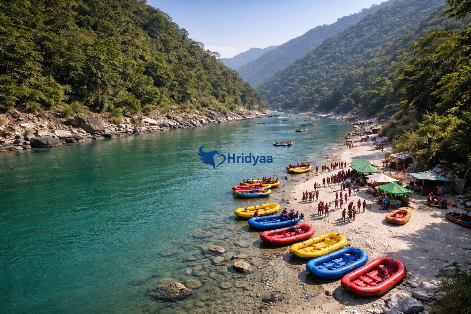 Shivpuri rafting start point in Rishikesh showing Ganga river and surrounding hills