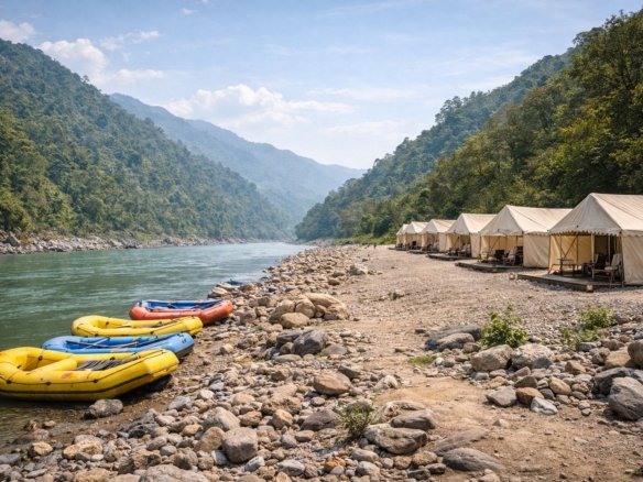 Ganga river corridor near regulated camping zones in Rishikesh