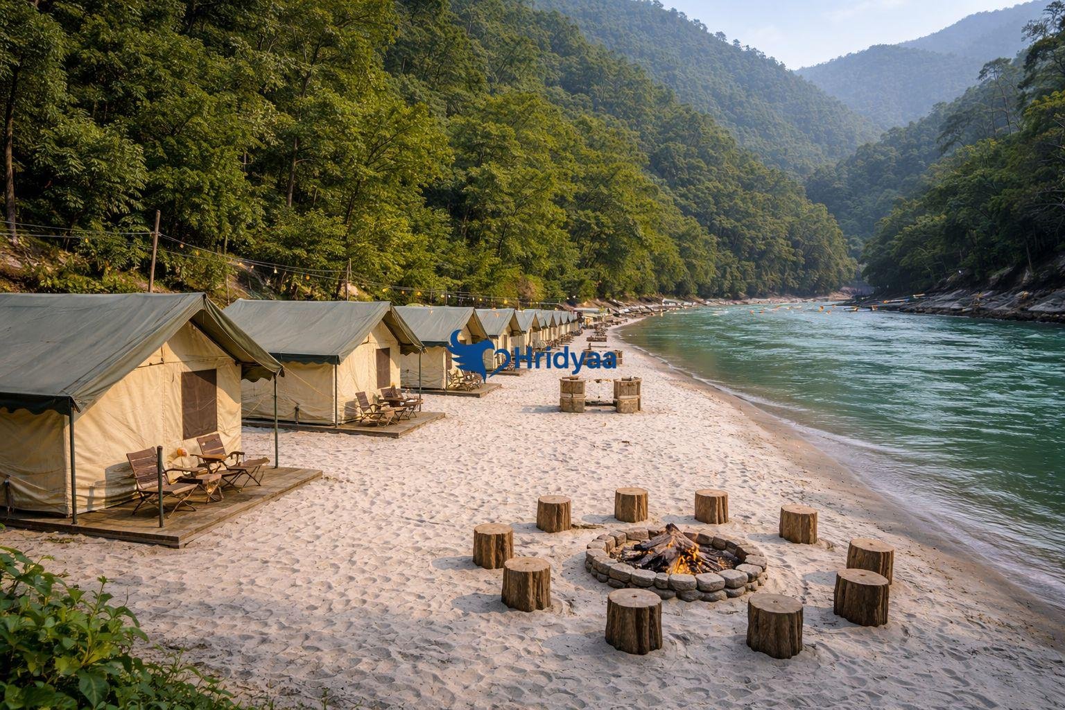 Riverside camping tents in Shivpuri along Ganga river