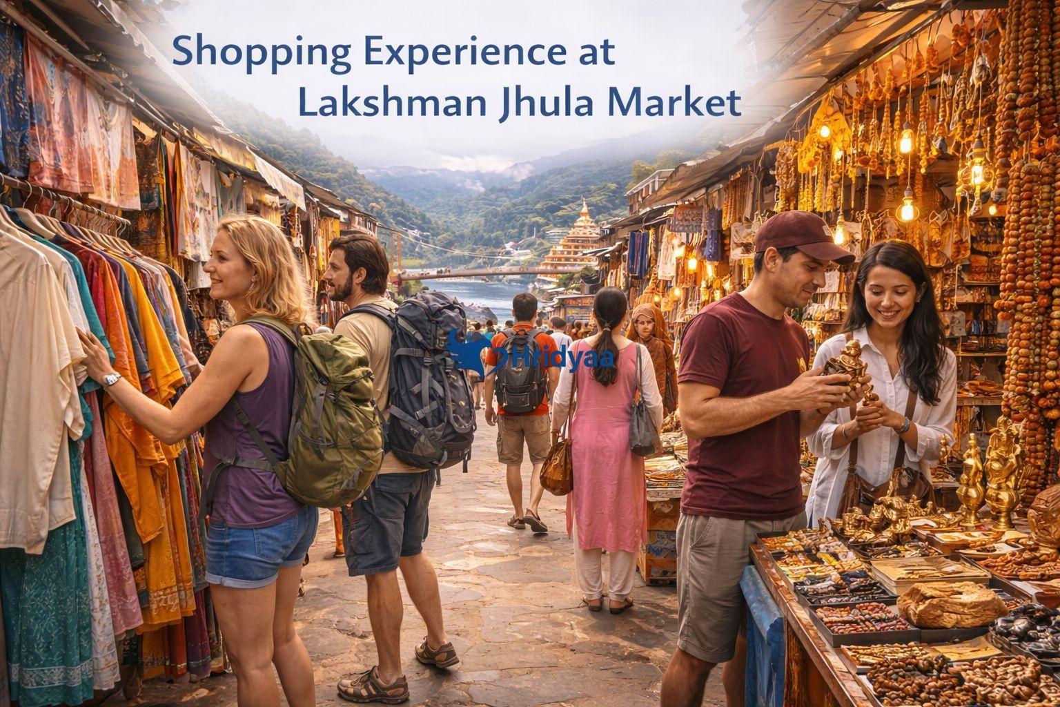 Shoppers browsing clothes and spiritual items in the narrow walking lanes of Lakshman Jhula Market Rishikesh