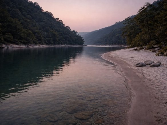 Quiet early morning view of the Ganga River in Rishikesh without crowds