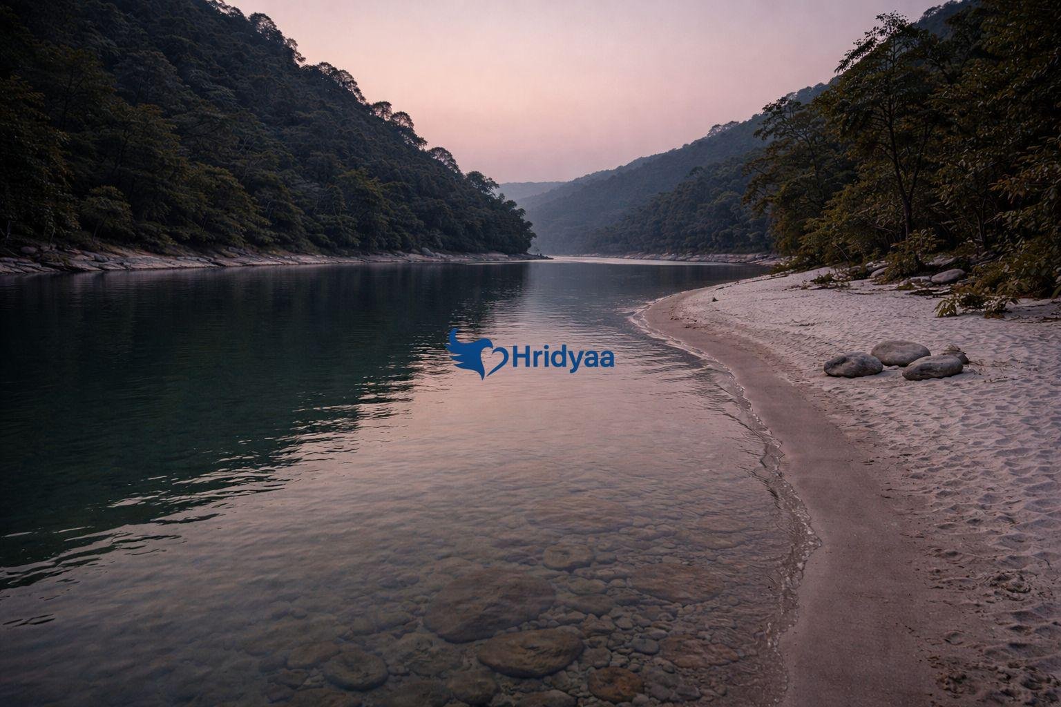 Quiet early morning view of the Ganga River in Rishikesh without crowds