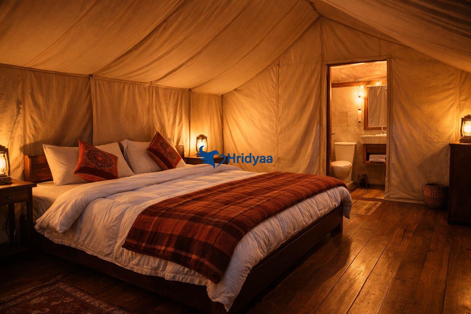 Swiss tent camping in Rishikesh in December with thick bedding