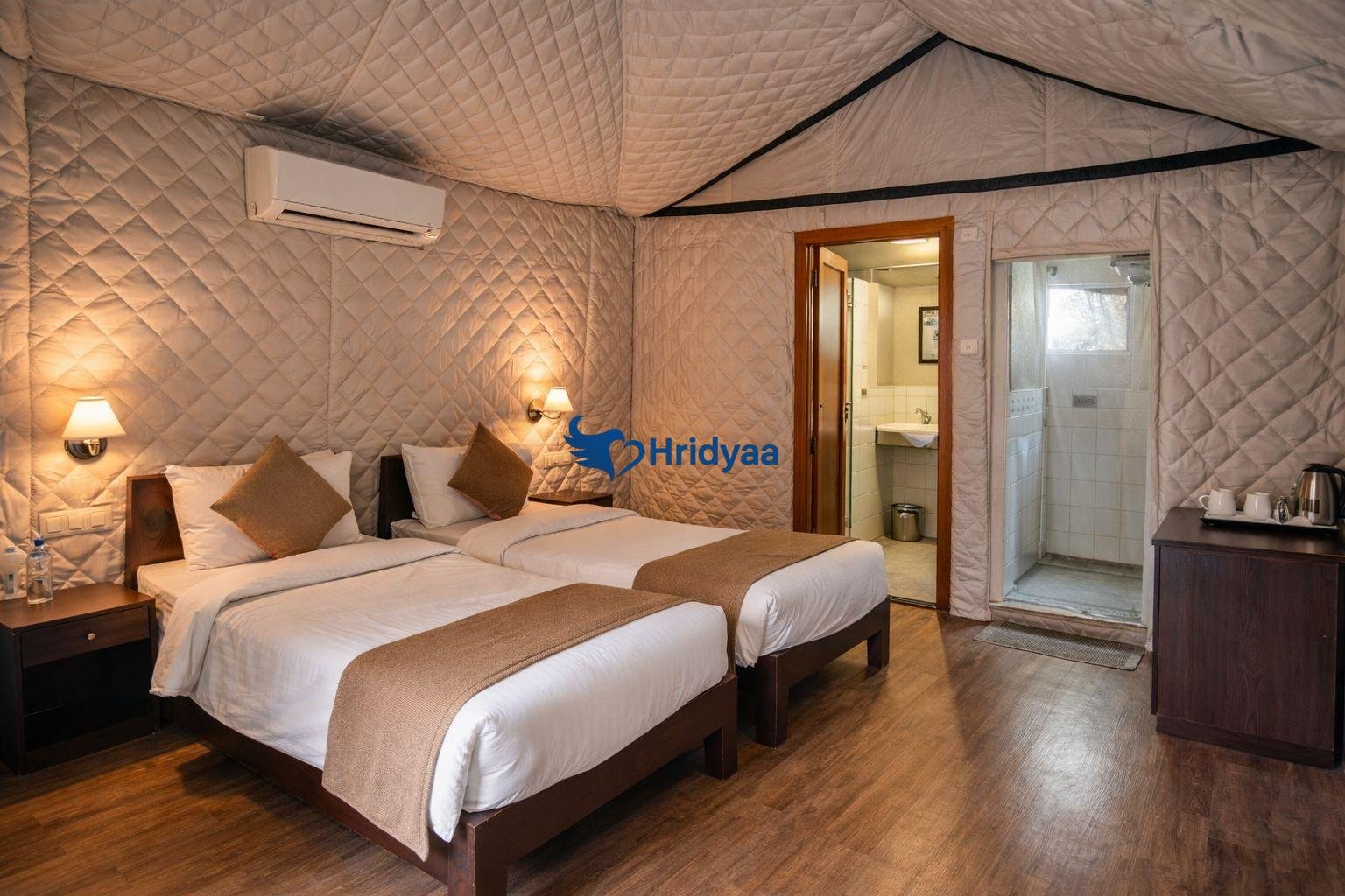 Premium AC tent camping option in Tapovan during summer season