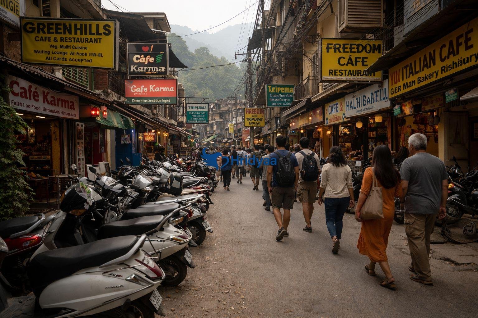 Busy café street in Tapovan Rishikesh during peak travel hours