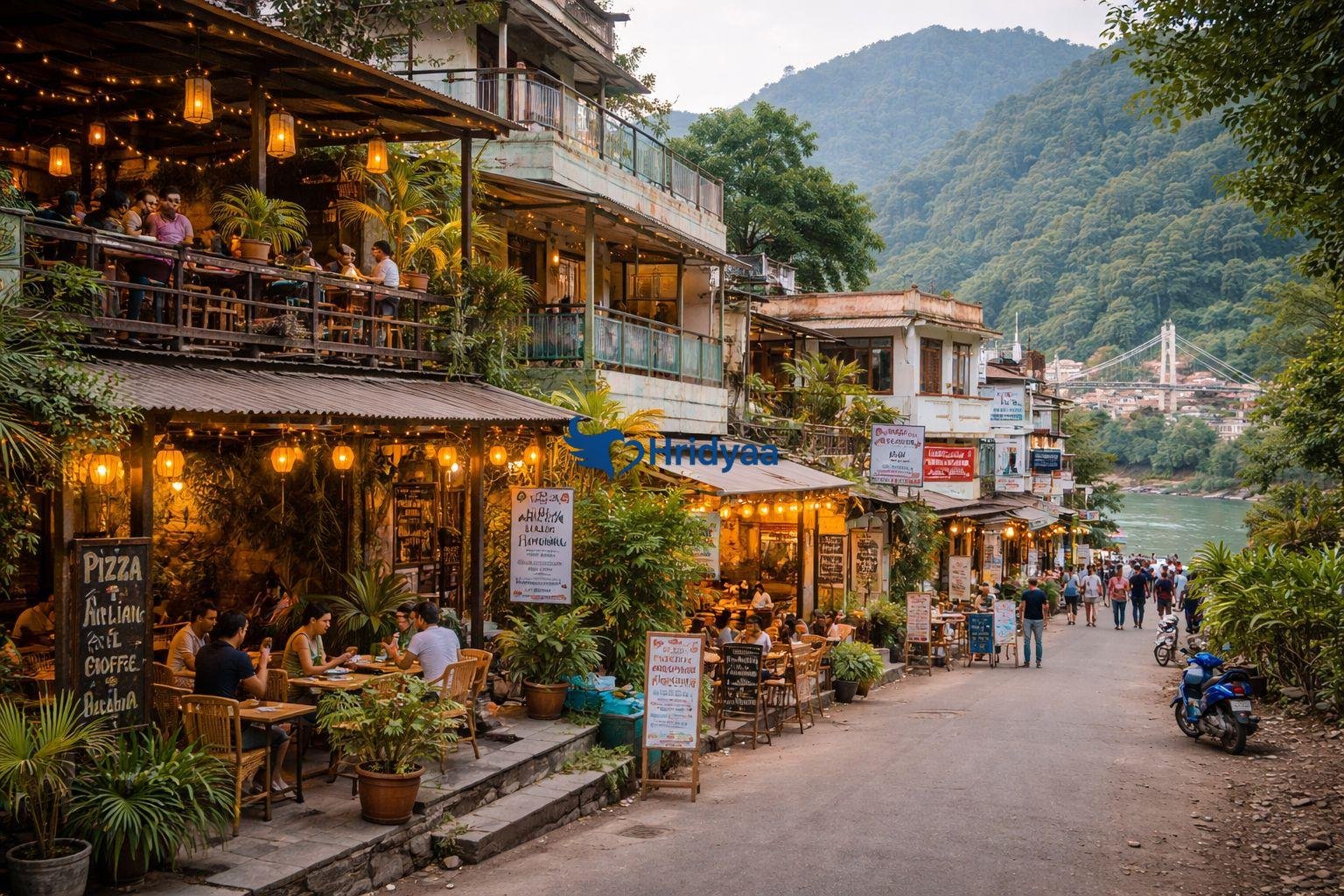 Tapovan area in Rishikesh with cafes and limited river-facing camping