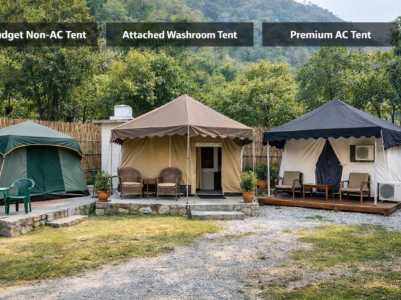 Tapovan camping tent categories showing budget, attached washroom and AC tents