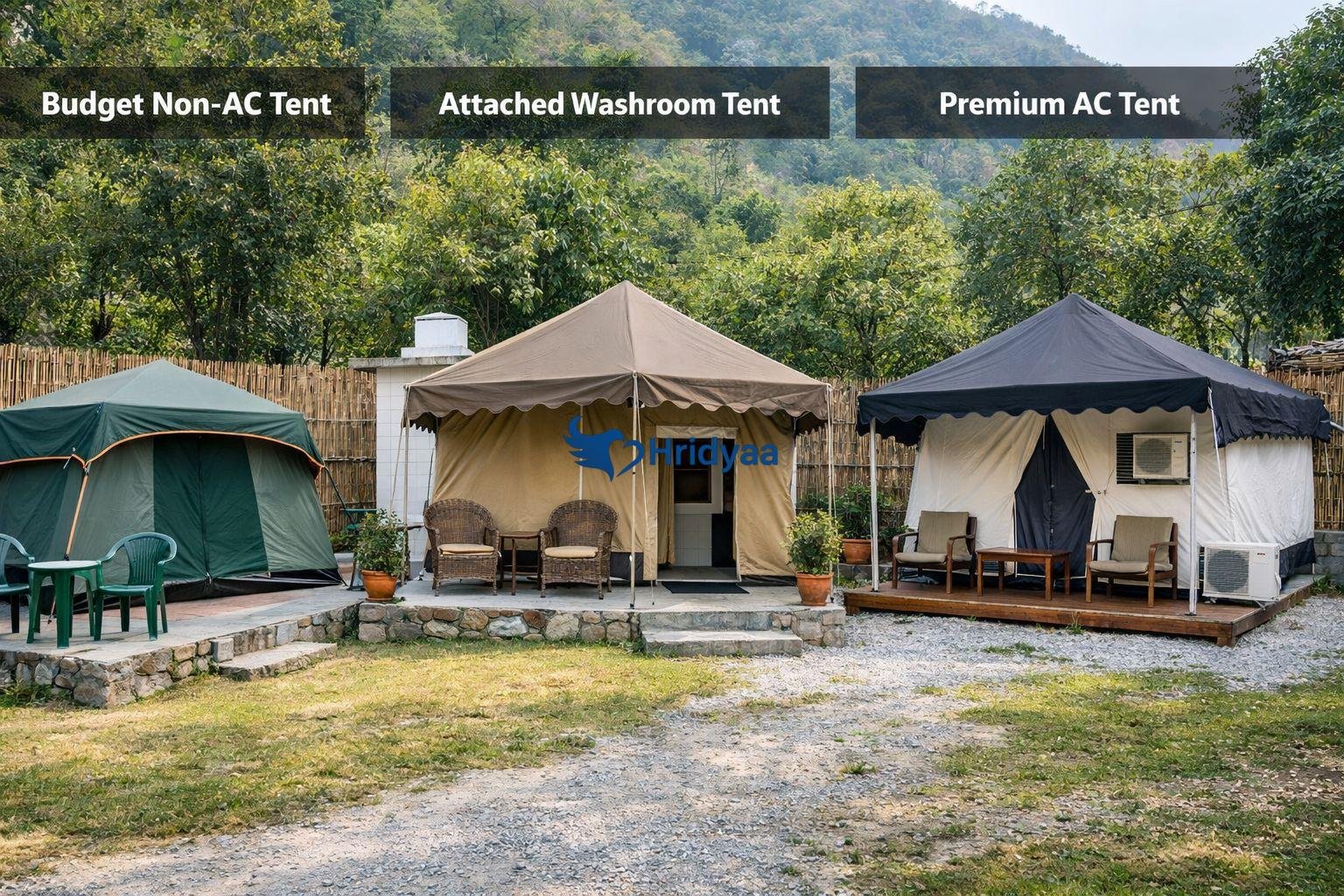 Tapovan camping tent categories showing budget, attached washroom and AC tents