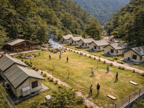 Camping in Tapovan Rishikesh near Laxman Jhula with structured tent setup