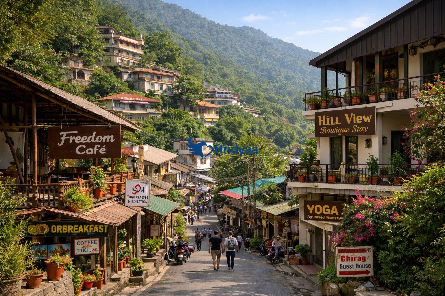 Tapovan locality in Rishikesh near Laxman Jhula with cafes and hillside setting