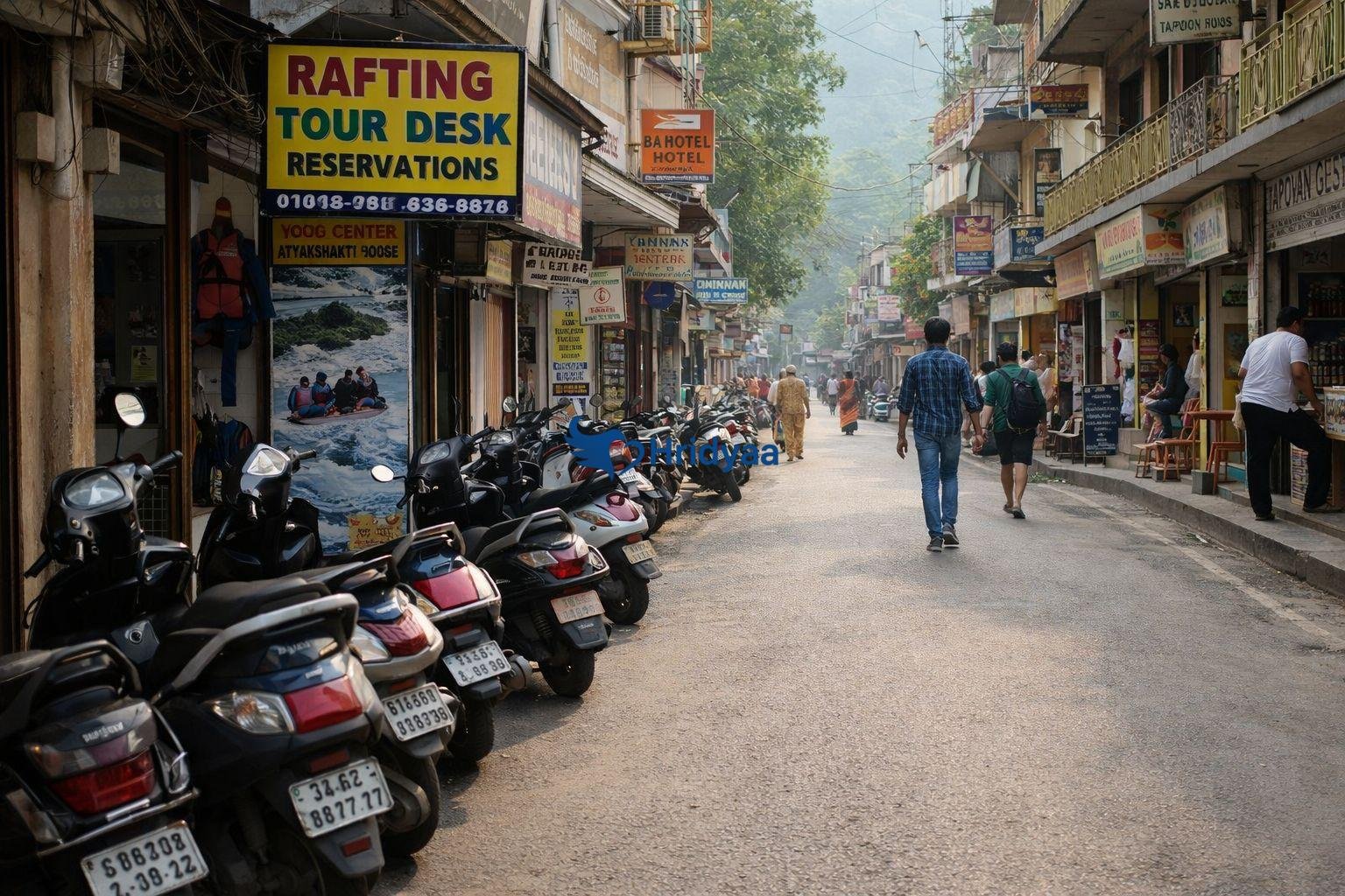 Daytime street scene in Tapovan showing cafés, scooters, and active movement