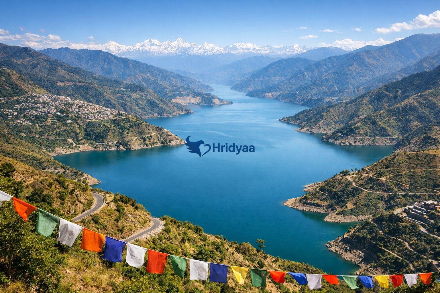 Tehri Lake in Uttarakhand surrounded by Garhwal hills near New Tehri town, formed by Tehri Dam reservoir