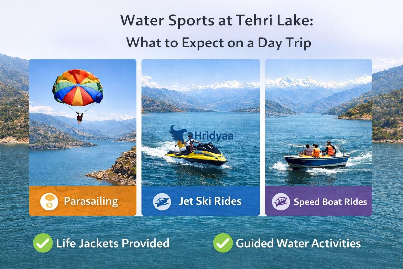 Water sports at Tehri Lake including parasailing, jet ski rides, and speed boating in Uttarakhand