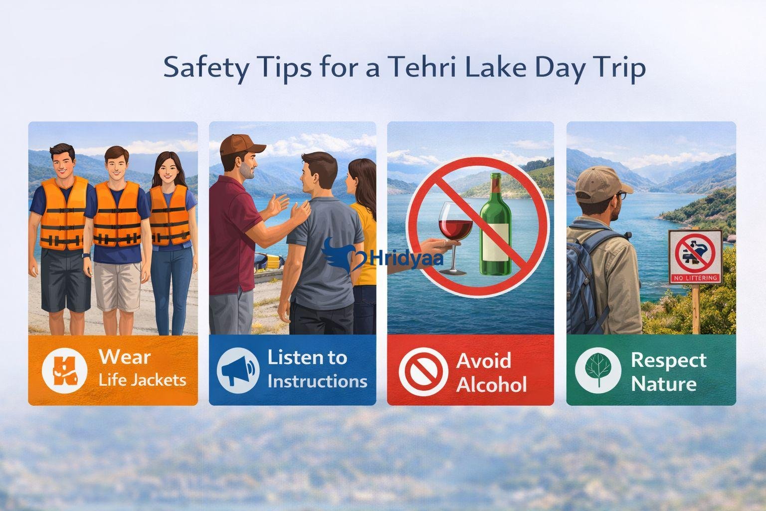 Safety tips at Tehri Lake including wearing life jackets, following instructions, avoiding alcohol, and respecting nature