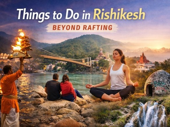 Things to do in Rishikesh beyond rafting, showing Ganga Aarti, Lakshman Jhula, yoga by the river, and Himalayan surroundings