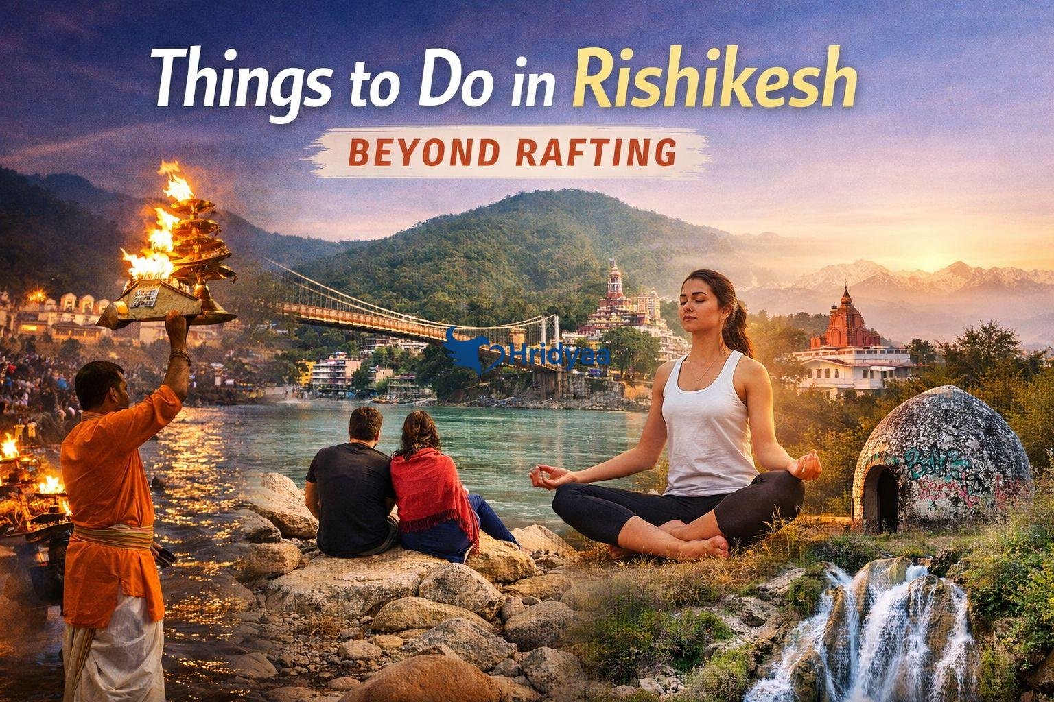 Things to do in Rishikesh beyond rafting, showing Ganga Aarti, Lakshman Jhula, yoga by the river, and Himalayan surroundings