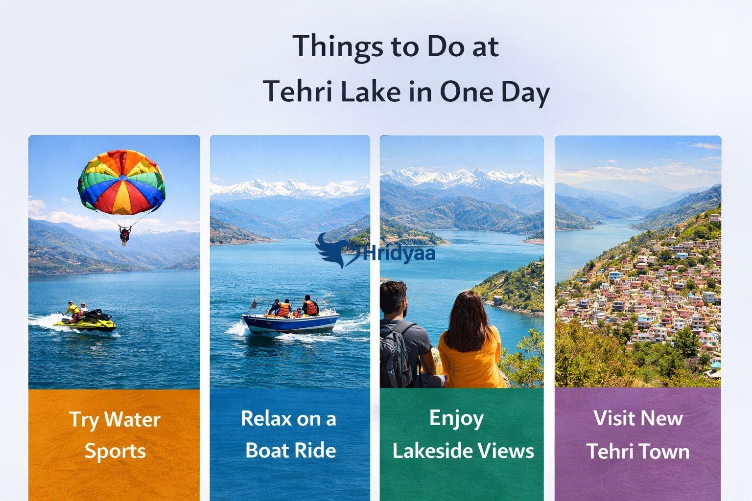 Things to do at Tehri Lake in one day including water sports, boating, lakeside views, and visiting New Tehri town in Uttarakhand