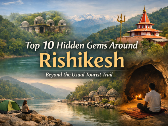 Collage showing hidden gems around Rishikesh including quiet Ganga riverbanks, forest temples, caves, camping and peaceful landscapes