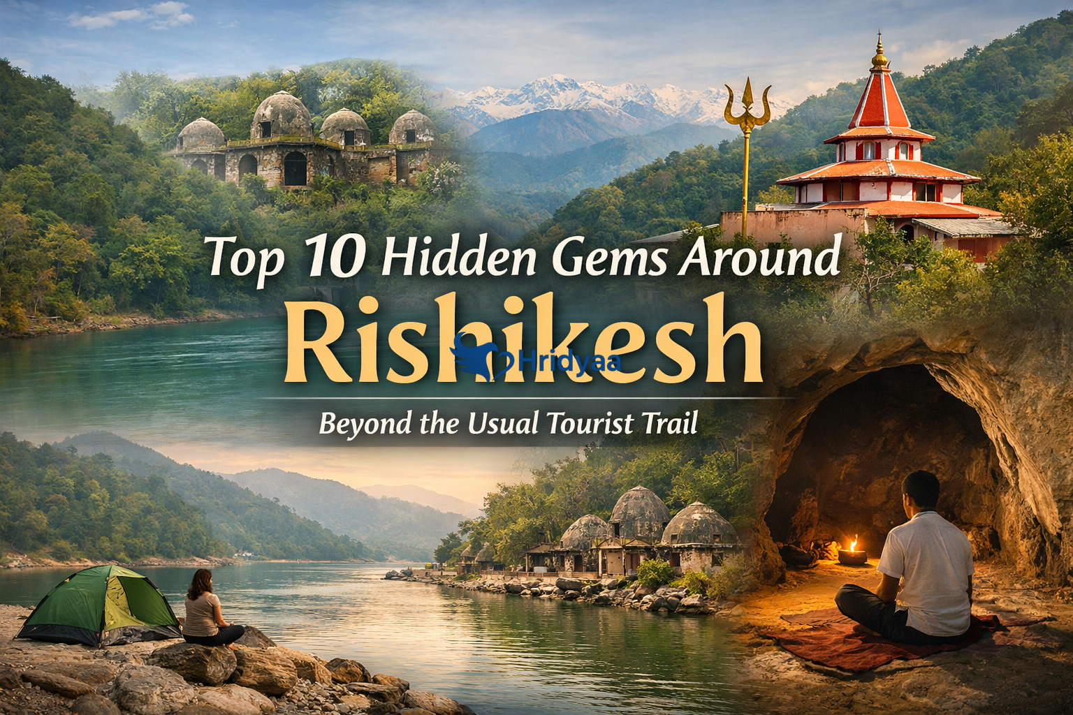 Collage showing hidden gems around Rishikesh including quiet Ganga riverbanks, forest temples, caves, camping and peaceful landscapes