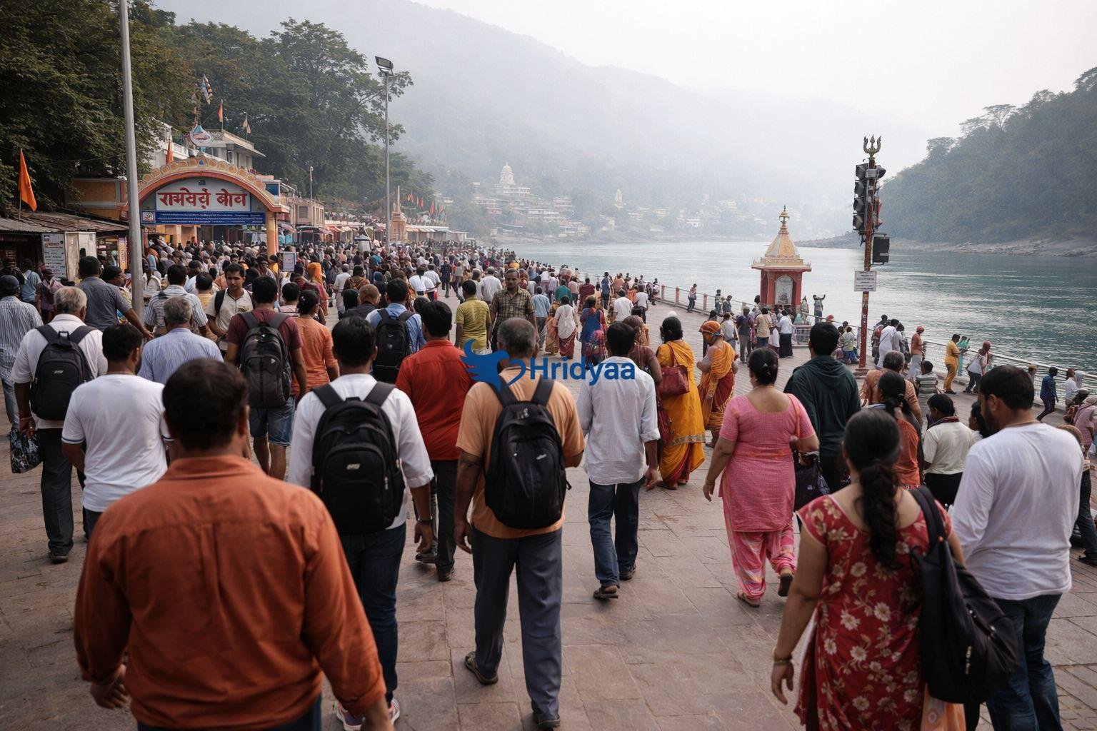 Daytime crowd movement near Triveni Ghat during a short Rishikesh visit
