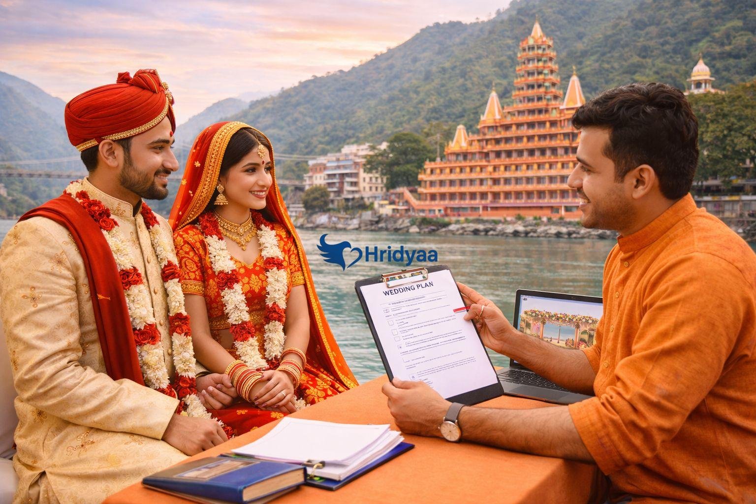 Couple discussing wedding plans with a local planner in Rishikesh