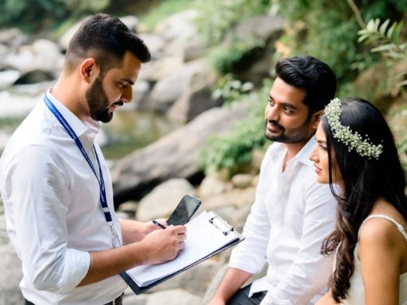 Couple discussing wedding plans with a local planner in Rishikesh