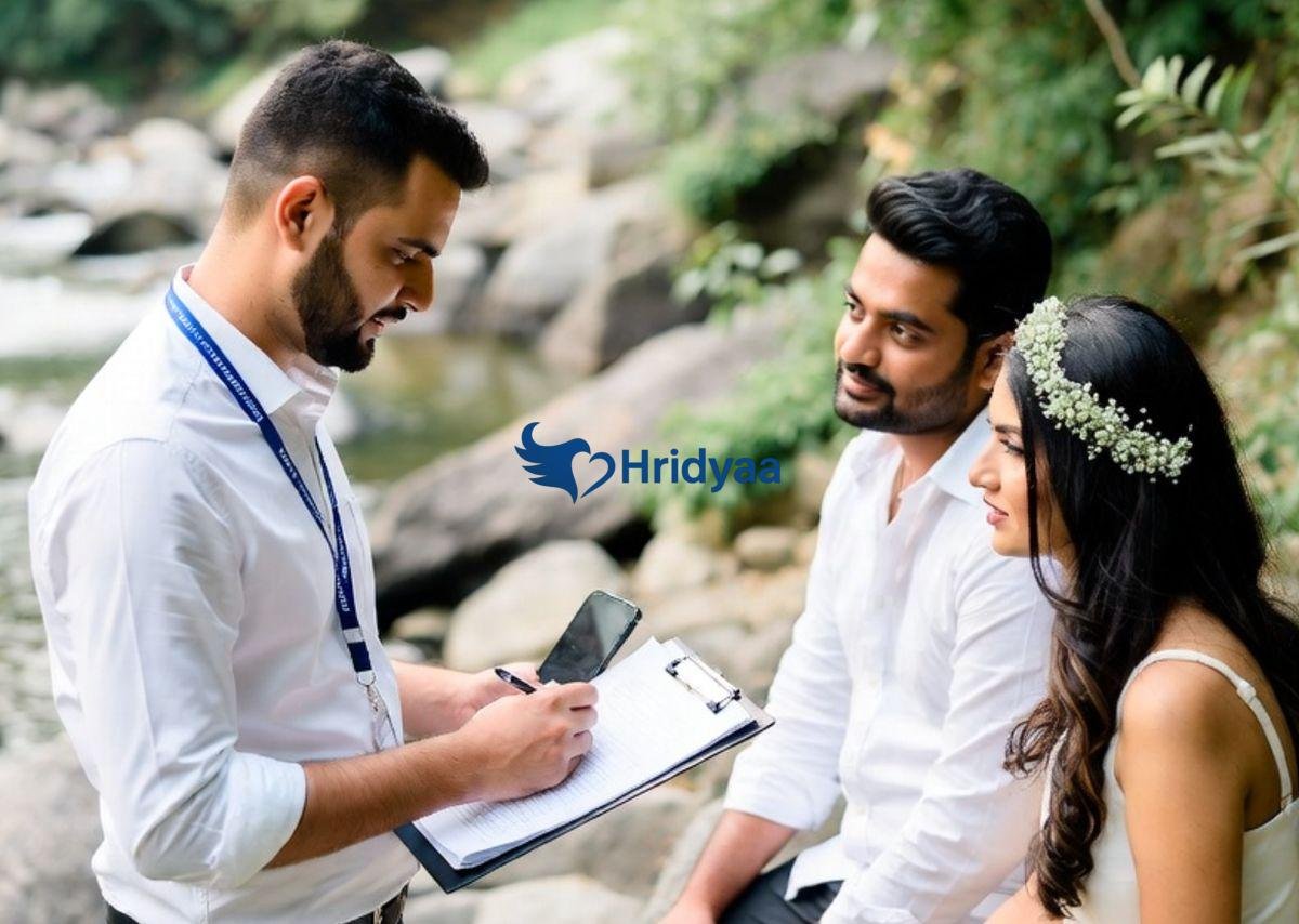 Couple discussing wedding plans with a local planner in Rishikesh