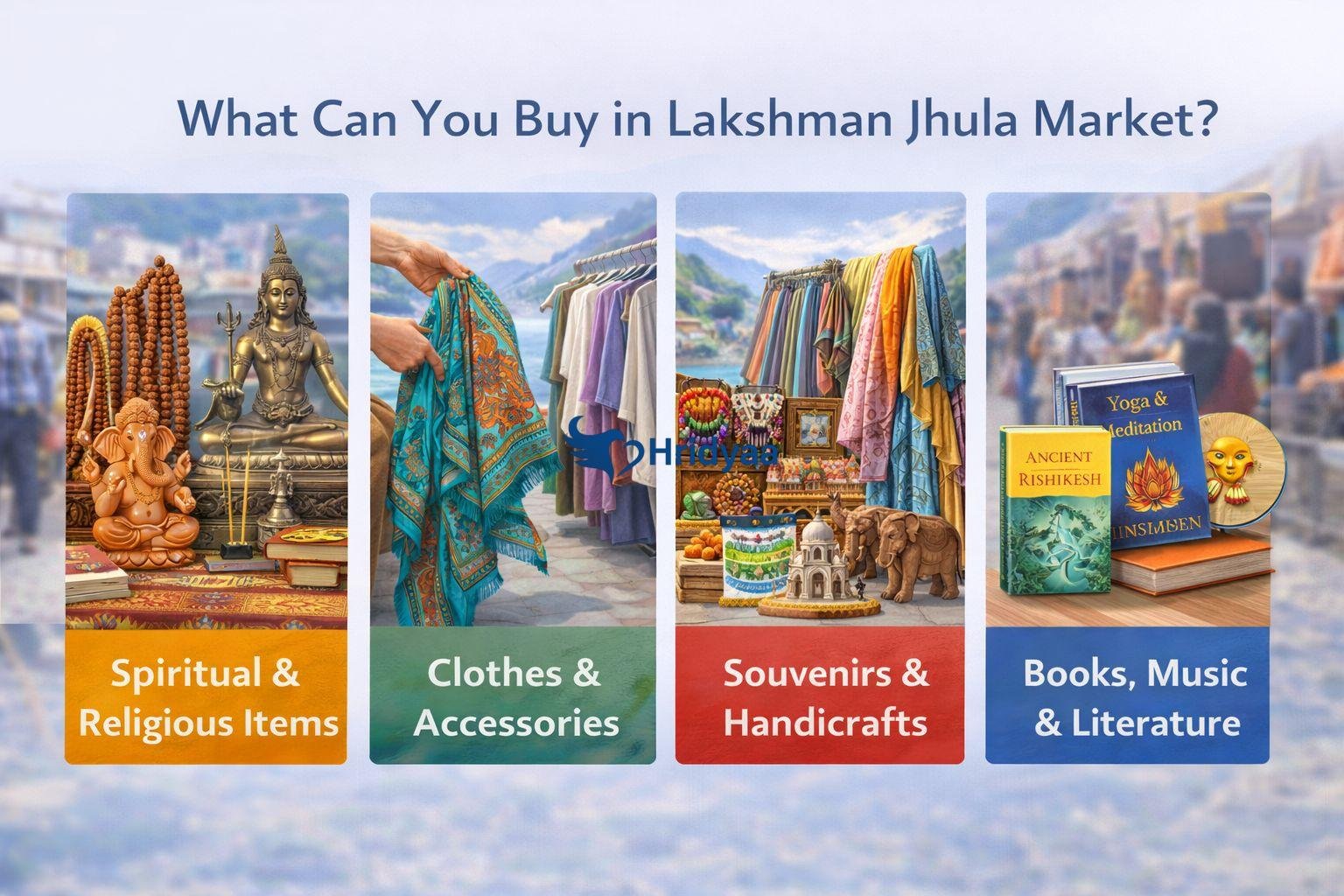 Spiritual items, yoga clothes, handmade souvenirs, and books for sale in Lakshman Jhula Market Rishikesh