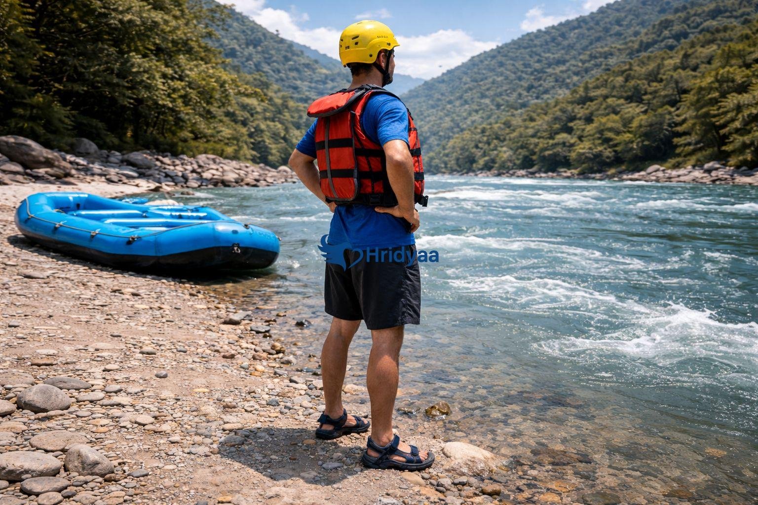 Proper rafting outfit including life jacket, helmet and quick-dry clothing