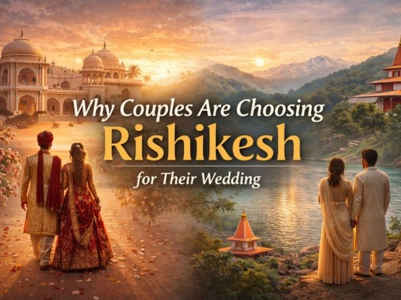 Couple walking by the Ganga in Rishikesh before their wedding ceremony