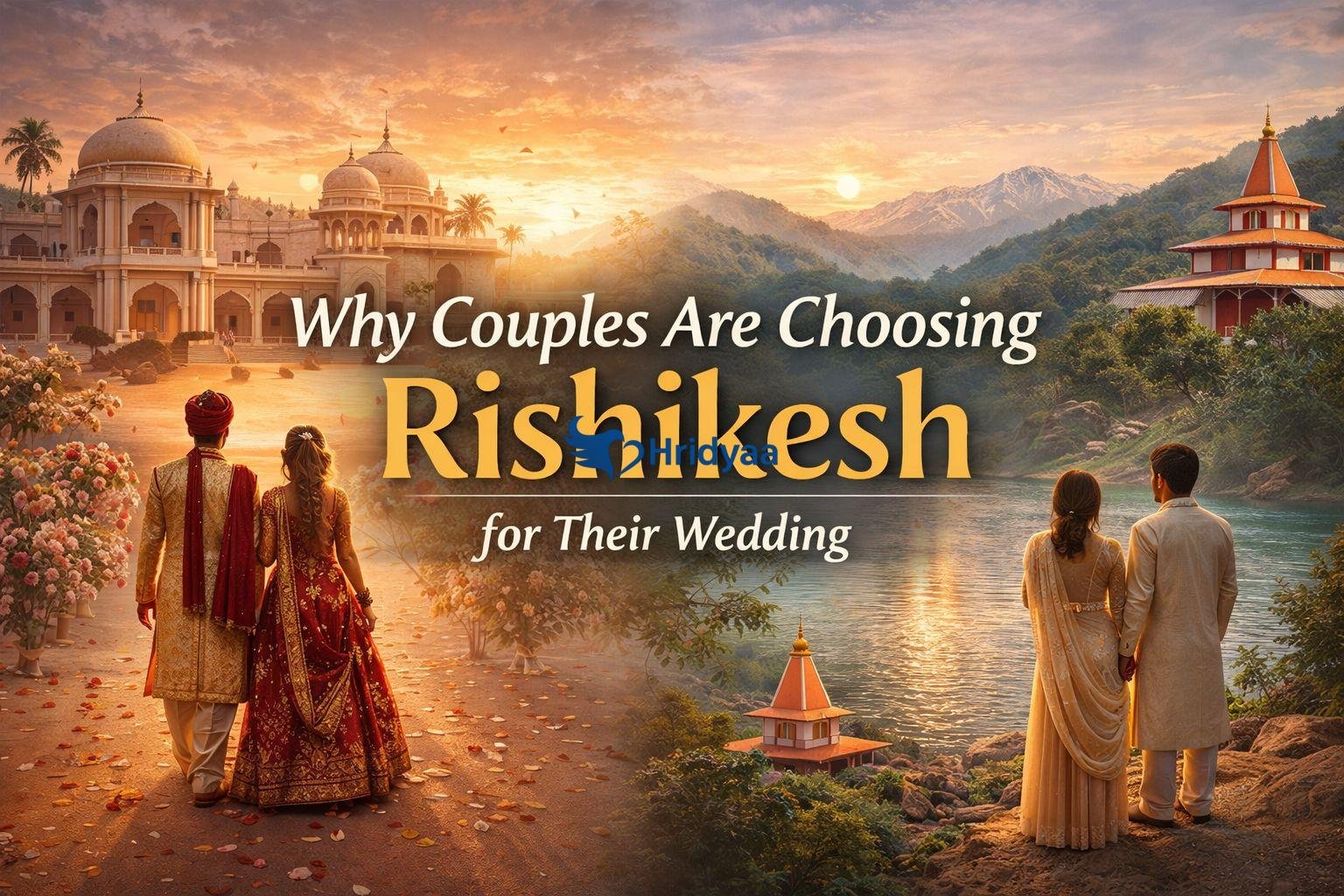 Couple walking by the Ganga in Rishikesh before their wedding ceremony