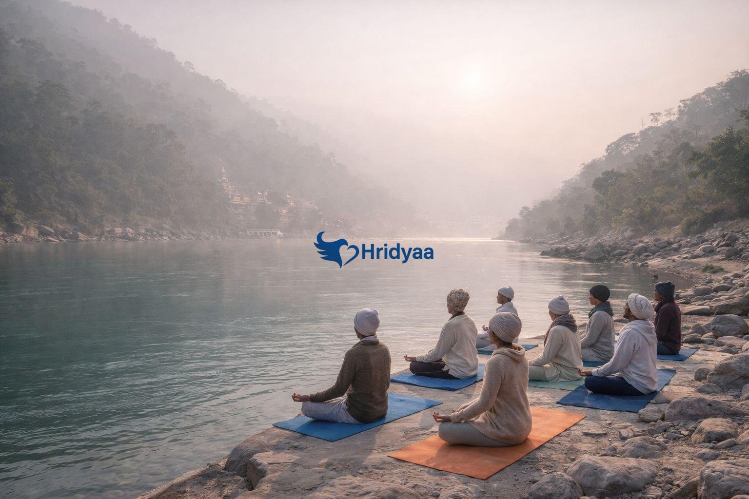 Morning yoga session by the Ganga in Rishikesh during winter season