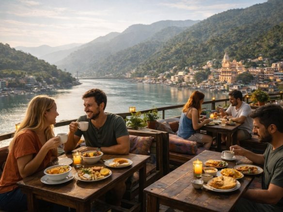 balcony cafe in rishikesh overlooking flowing ganga river