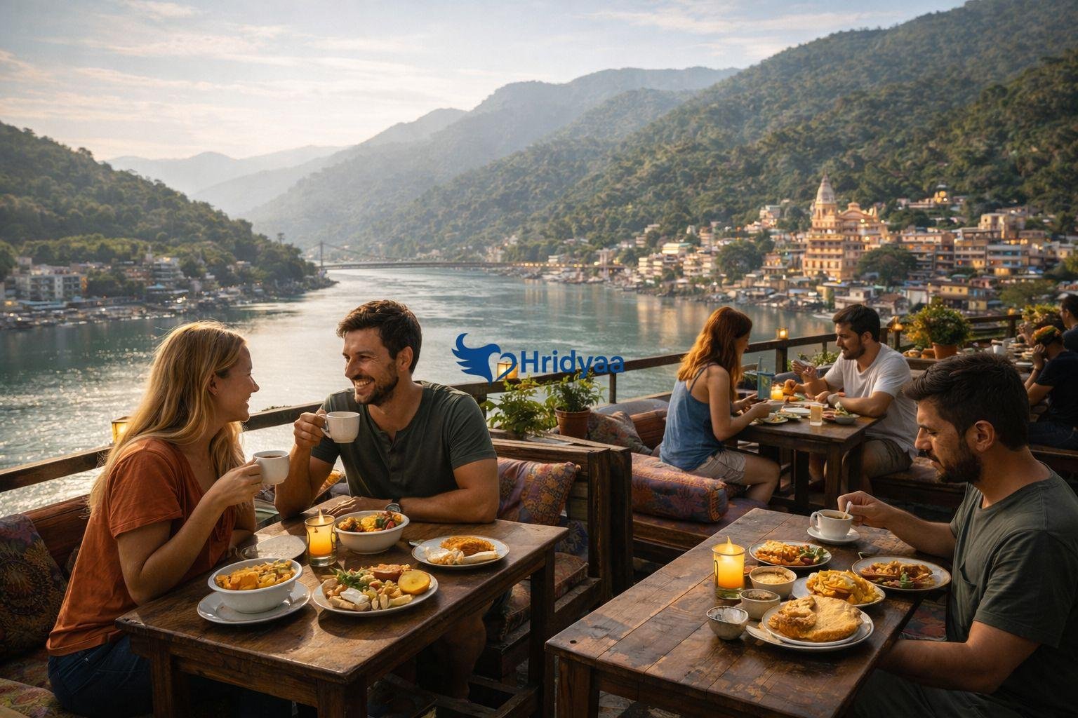 cafe seating overlooking flowing ganga river in rishikesh