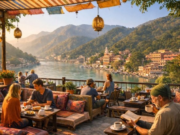 morning coffee at riverside cafe in rishikesh with calm ganga view