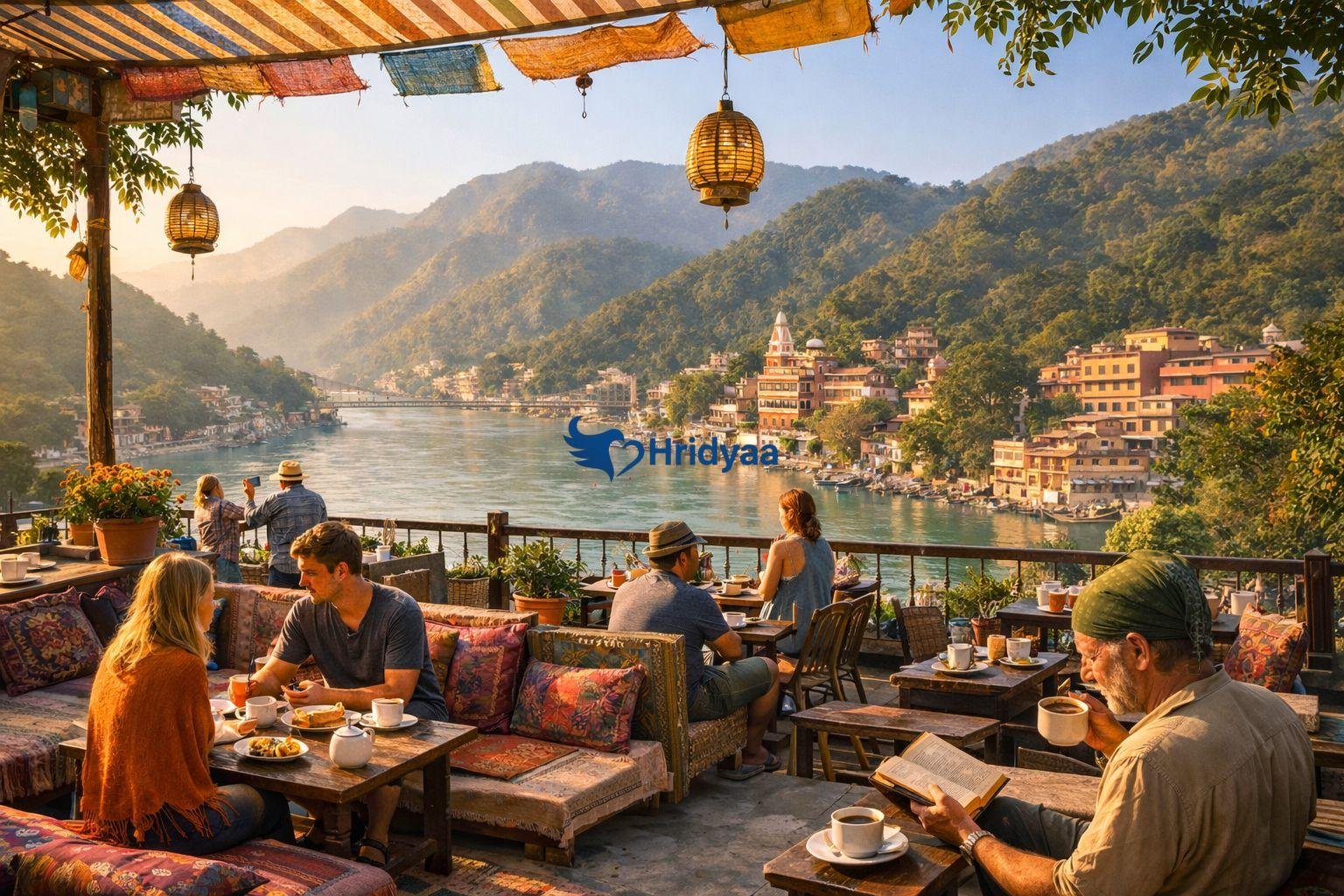 cafes overlooking the ganga river in rishikesh with himalayan hills