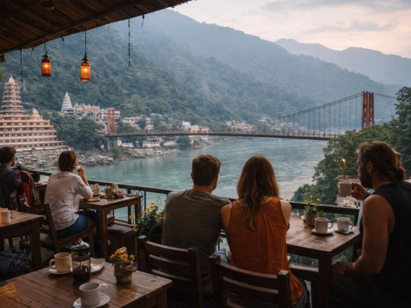 cafes near laxman jhula rishikesh overlooking ganga river and hills