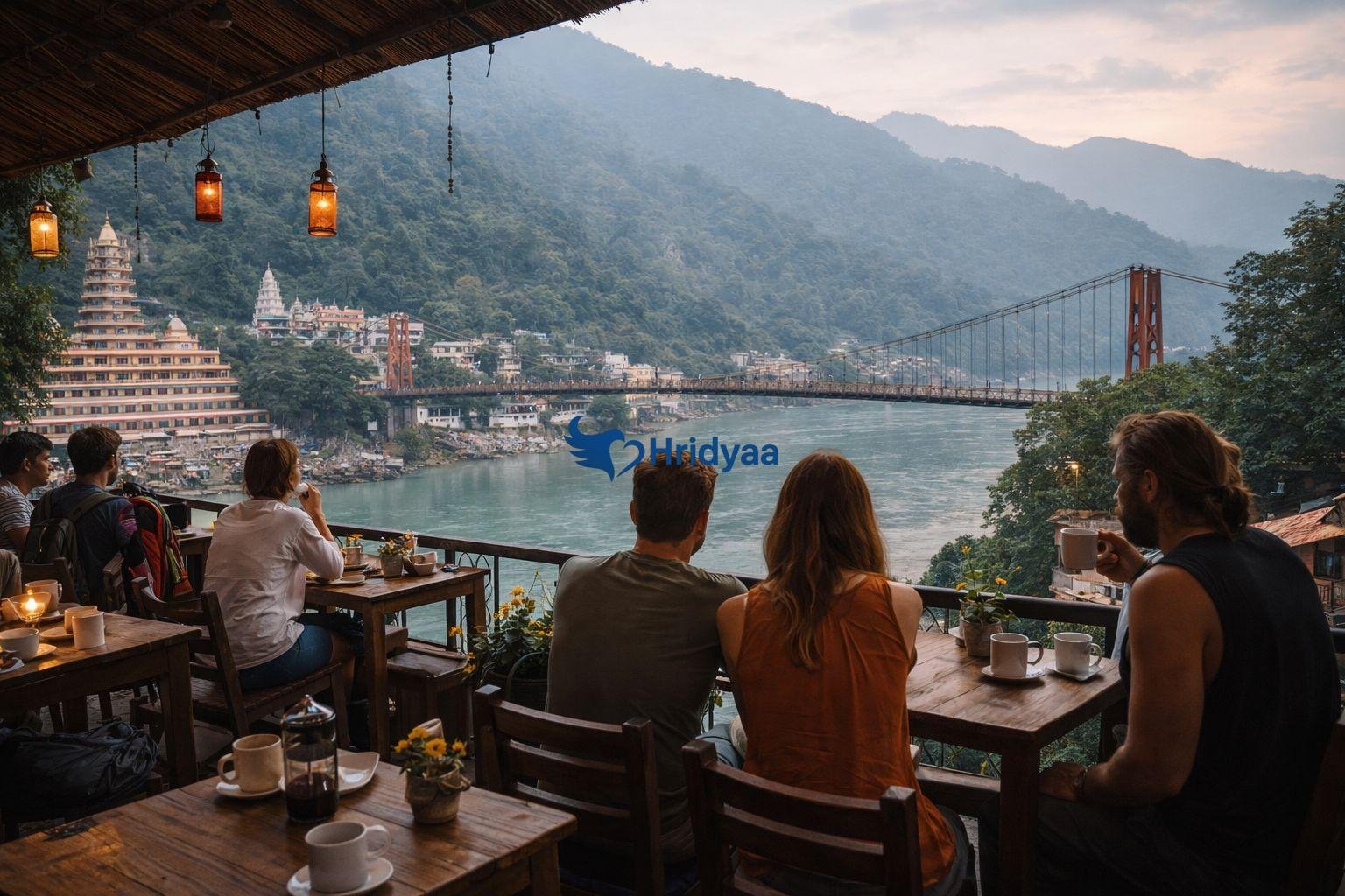 cafes near laxman jhula rishikesh overlooking ganga river and hills