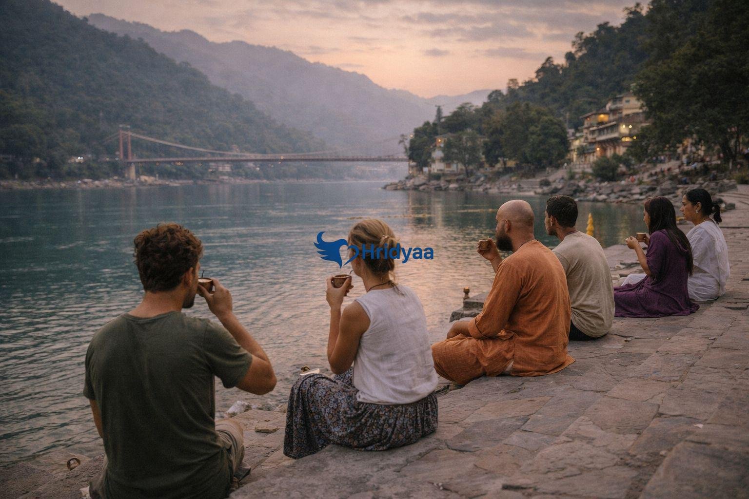 people sitting near ganga with chai at ram jhula ghats rishikesh