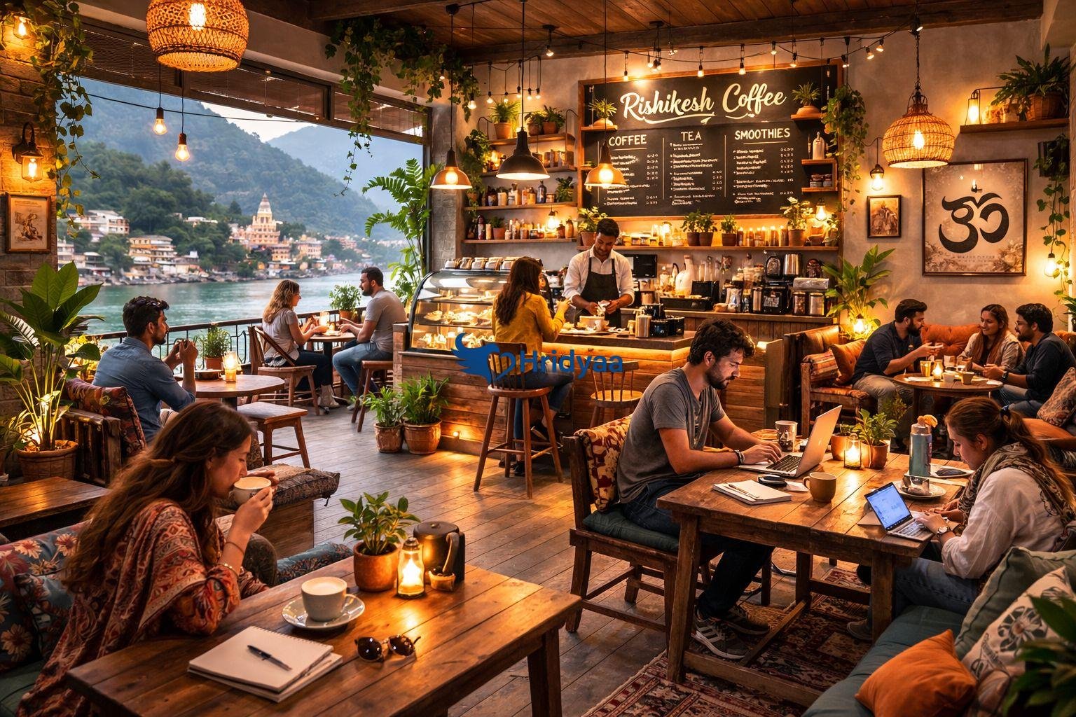 evening cafe scene near laxman jhula with lights and travelers