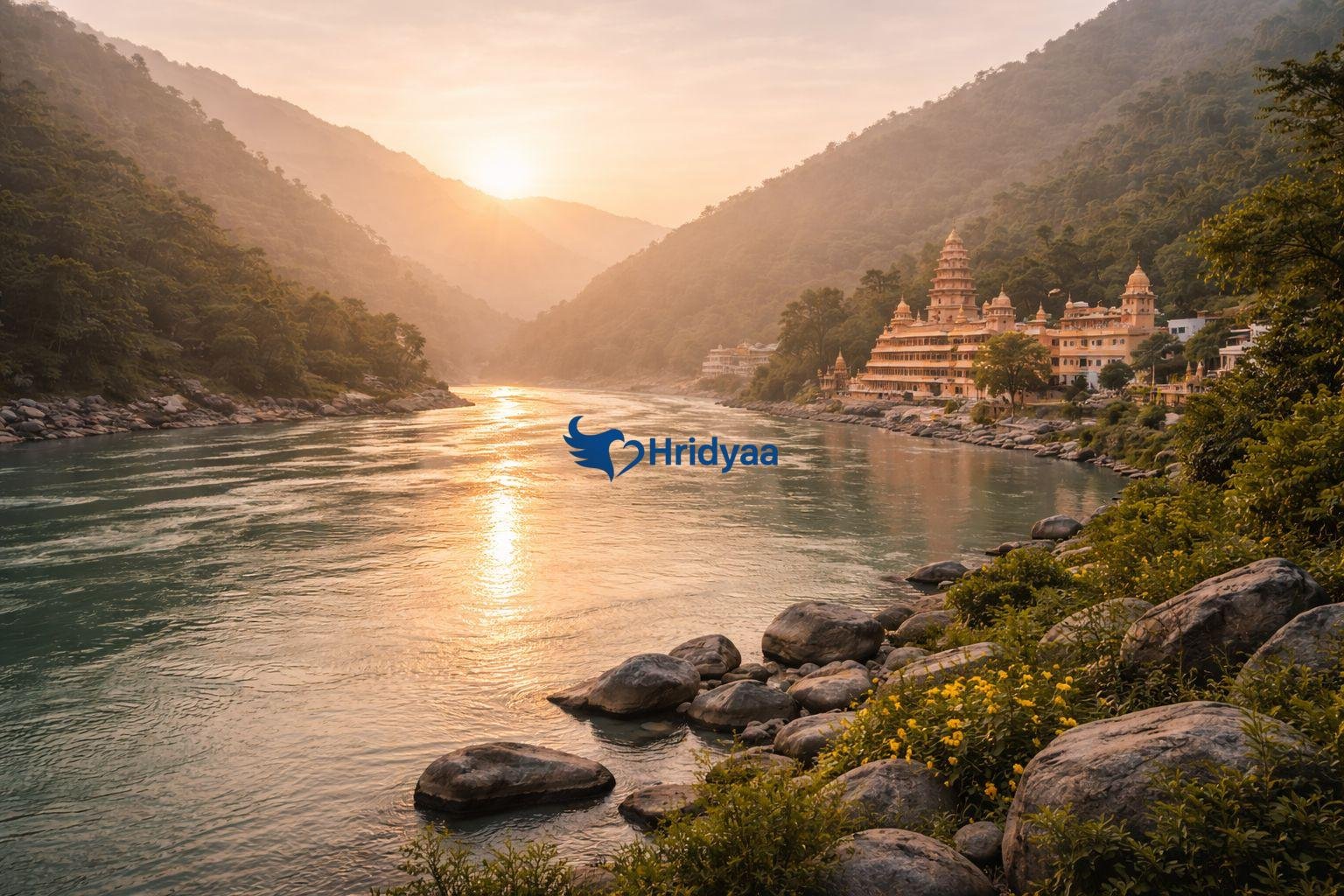 The Ganga river and Himalayan hills in Rishikesh creating a peaceful environment for meditation retreats