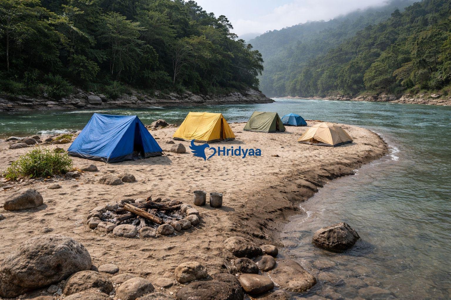 Temporary tents pitched on exposed Ganga sandbank