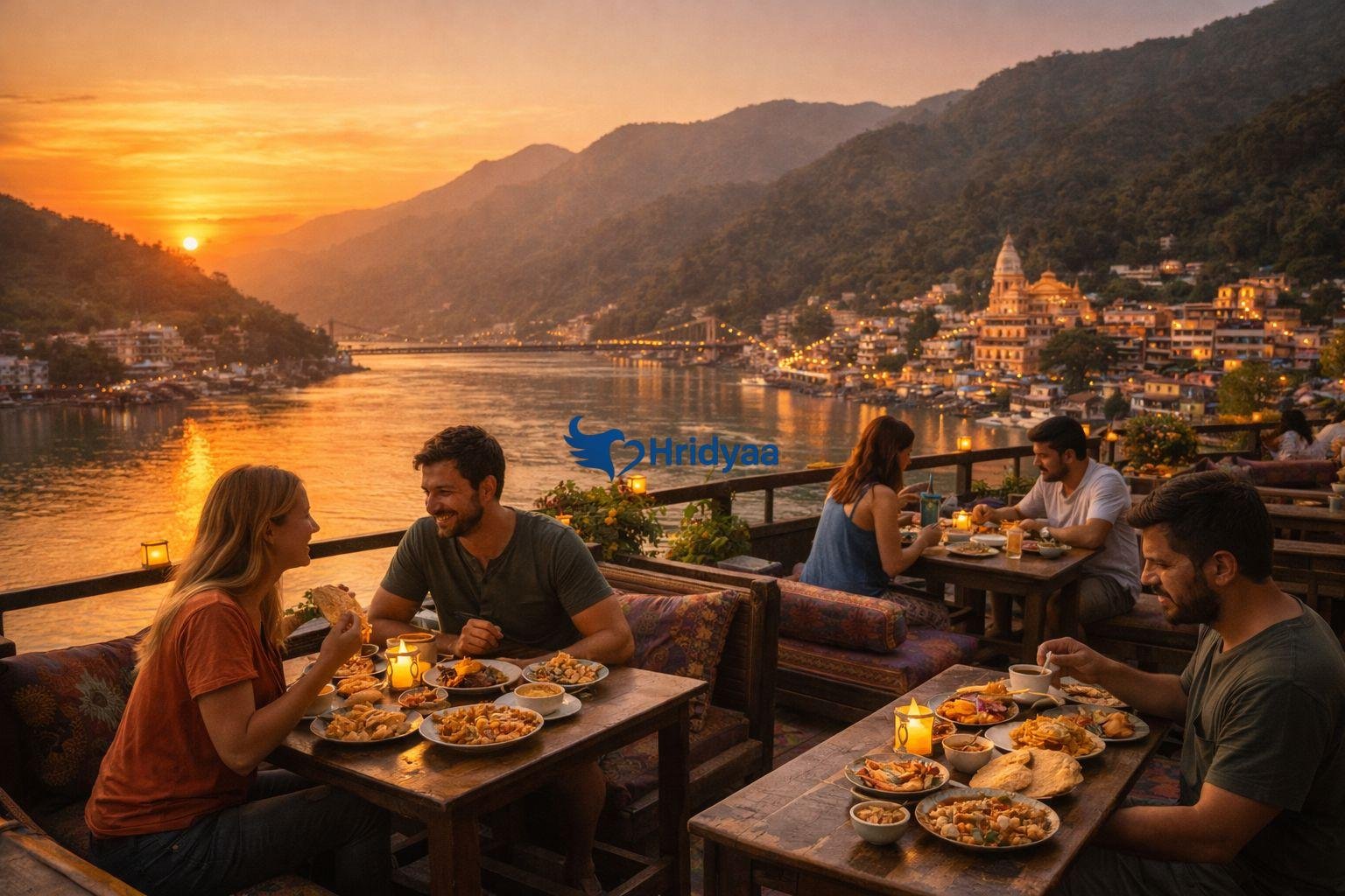 restaurant with ganga river view in rishikesh during sunset